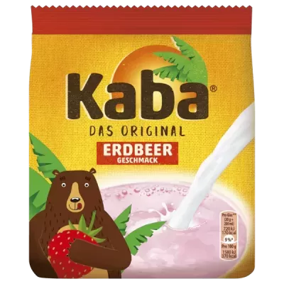 Embalagem amarela do Kaba sabor morango com desenho de urso e morango