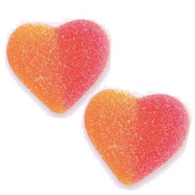 Dois caramelos em forma de coração nas cores laranja e vermelho com cobertura de açúcar