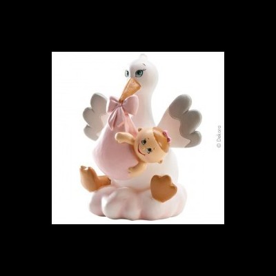 Figurinha de cegonha branca com bebé segurado em cerâmica