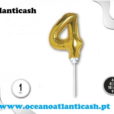 Balão dourado número 4 metálico foil com suporte branco