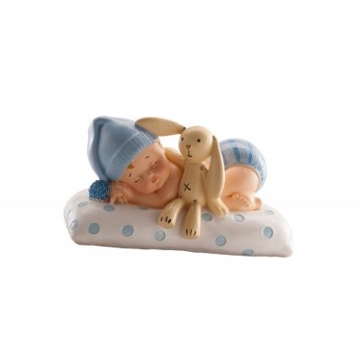 Figura decorativa de bebé a dormir com touca e coelho