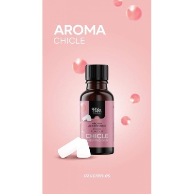 Frasco de aroma alimentício sabor chicle com pastilhas brancas e texto em fundo rosa