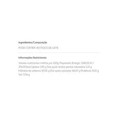 Texto com ingredientes, aviso e informações nutricionais num fundo branco.