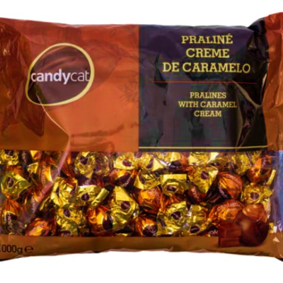 Embalagem de chocolates Candycat sabor praliné creme de caramelo
