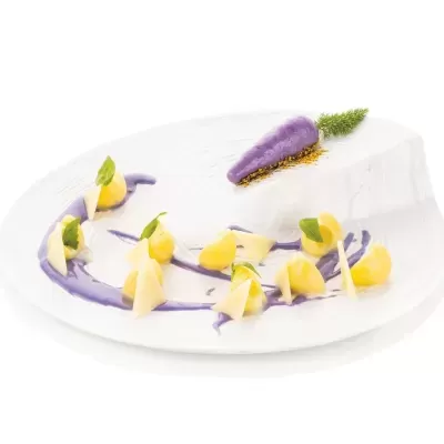 Sobremesa artística em prato branco com puré amarelo, pedaços brancos e molho roxo