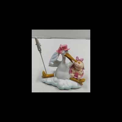 Figura decorativa de cegonha com bebé sentados numa nuvem com suporte metálico