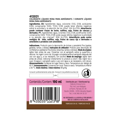 Etiqueta de produto colorante líquido rosa para aerógrafo com texto informativo e código de barras