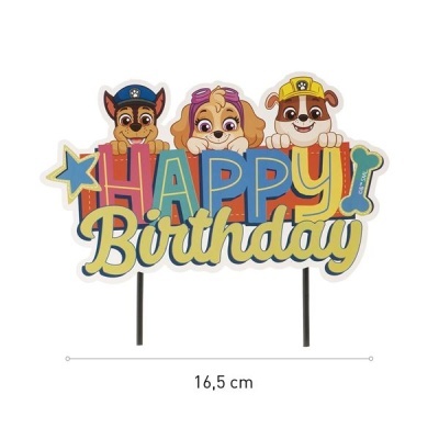 Topo de bolo 'HAPPY Birthday' com personagens caninos coloridos