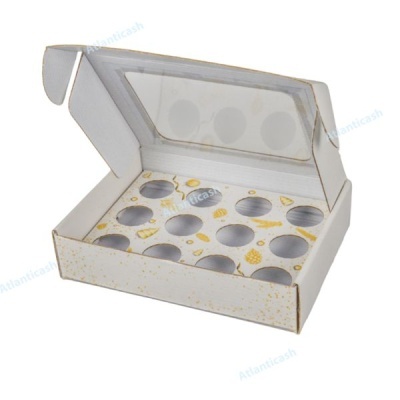 Caixa branca de papel para cupcakes com tampa transparente e decoração interior