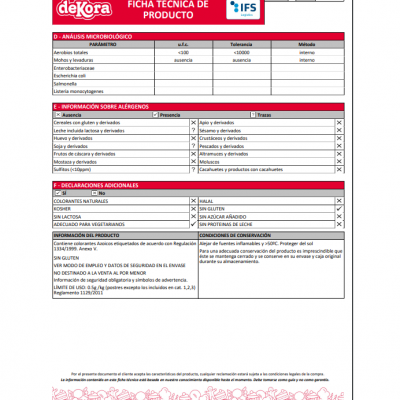 Ficha técnica de produto Dekora com dados microbiológicos, alergénios, declarações adicionais e condições de conservação.