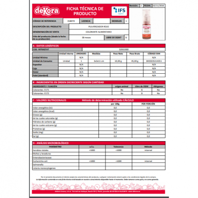 Ficha técnica de corante alimentício em gel rosa da marca deKora com tabelas de dados e embalagem.
