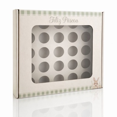 Caixa de cartão para ovos de Páscoa com janela transparente e padrão de bolinhas cinza.