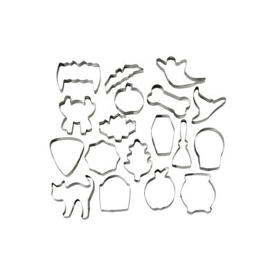 Conjunto de cortadores de biscoitos de metal em várias formas temáticas sobre fundo branco