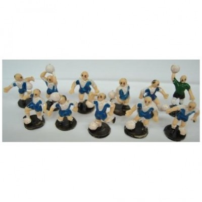 Figuras de jogadores de rugby em plástico com camisolas azuis e brancas e bases pretas