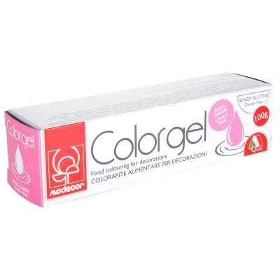 Tubo de gel de coloração alimentar rosa em embalagem branca e vermelha da Modecor