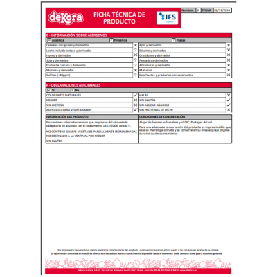 Ficha técnica de produto da marca deKora com tabelas de informações e texto em espanhol