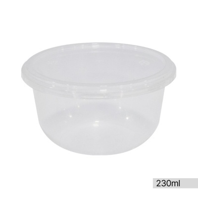 Recipiente plástico transparente com tampa branca e indicação 230ml
