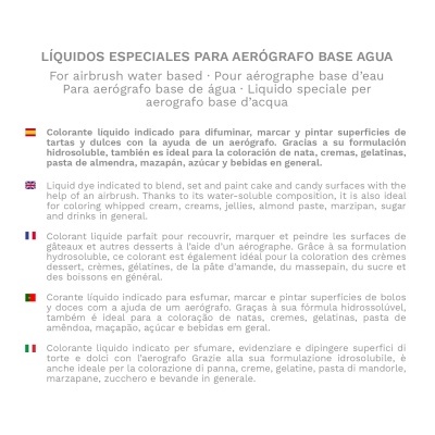 Texto sobre líquidos especiais para aerógrafo base água em várias línguas