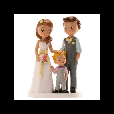 Figuras decorativas de noivos e criança em cerâmica pintada