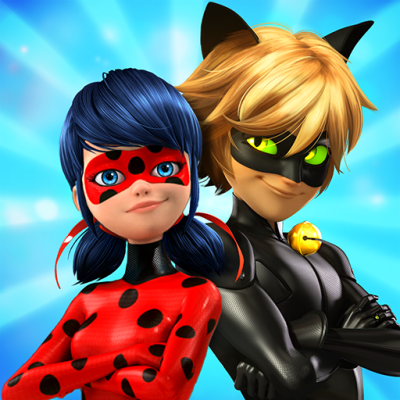 Personagens Ladybug e Cat Noir em roupa colorida e máscara com fundo azul claro