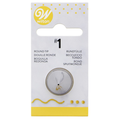 Ponta redonda metálica para saco de pasteleiro Wilton número 1 numa embalagem branca e amarela.