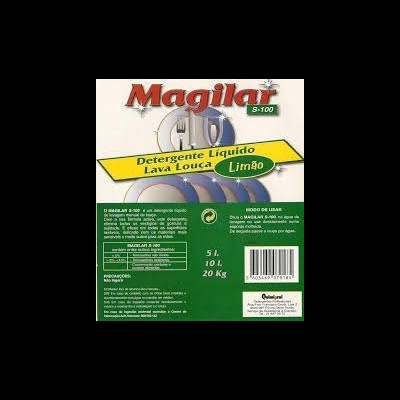 Embalagem de detergente líquido Magilar S-100 para lava louça com textura e cores verde, amarelo e branco.