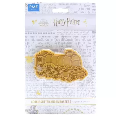 Cortador e marcadora para bolachas em forma de comboio Hogwarts Express, dourado, embalado com texto Harry Potter
