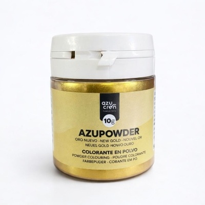 Frasco de pó colorante dourado com tampa branca e etiqueta amarela sobre fundo branco