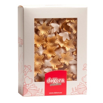 Caixa de flores decorativas douradas e brancas da marca Dekora.