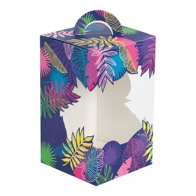 Caixa de papelão colorida com padrão de folhas e janela transparente