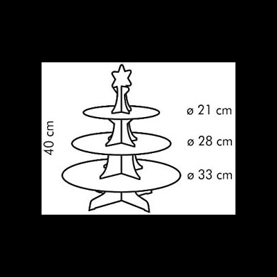 Desenho técnico de suporte para bolos com três pratos e base em cruz