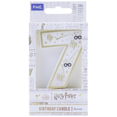 Vela número 7 branca com decoração de Harry Potter em embalagem