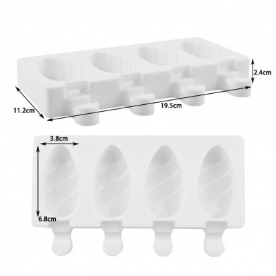Molde de silicone branco para gelados com 4 cavidades e dimensões indicadas.