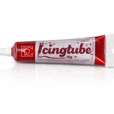 Tubo vermelho de plástico com tampa branca, rotulado Icingtube 18g