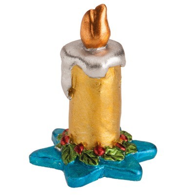 Vela decorativa dourada com base azul em forma de estrela e detalhes verdes e vermelhos