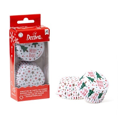 Forminhas para muffins de papel decoradas com padrão natalício dentro de embalagem vermelha Decora.