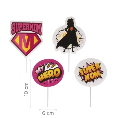 Quatro toppers para bolos com temas de super-herói e texto SUPERMOM, MY HERO e SUPER MOM