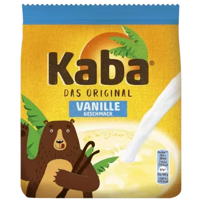 Pacote amarelo e azul Kaba sabor baunilha com urso e leite
