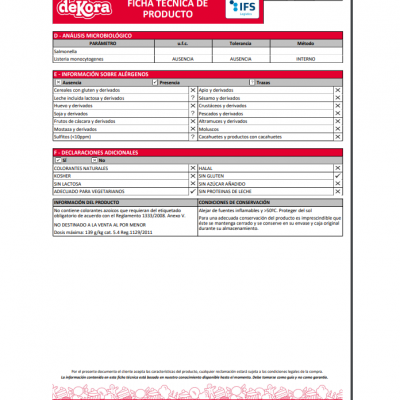 Ficha técnica do produto deKora com tabelas e informações sobre análise microbiológica e alérgenos