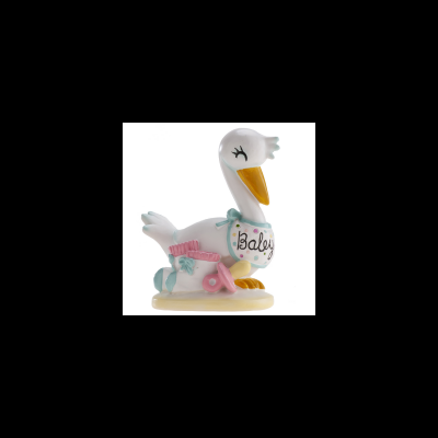 Figura decorativa de cisne branco com bico amarelo e placa BABY