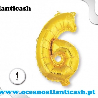 Balão dourado número 6 em fundo branco com texto Atlanticash e www.oceanoatlanticash.pt