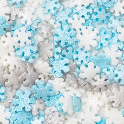 Decorações pequenas em forma de flocos de neve azul, branco e prateado