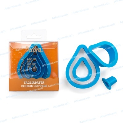 Conjunto de cortadores de biscoito em forma de gotas azuis com empurradores e embalagem