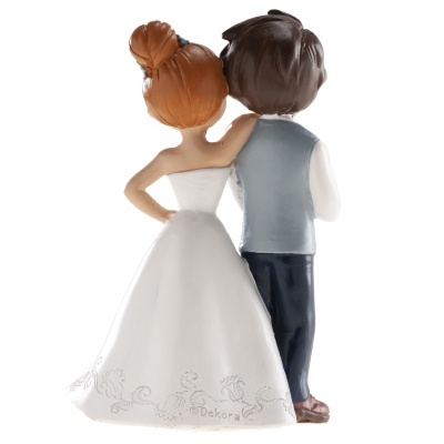 Figura decorativa de casal de noivos em resina, vista traseira