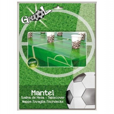 Embalagem de toalha de mesa verde com padrão de campo de futebol e bola de futebol