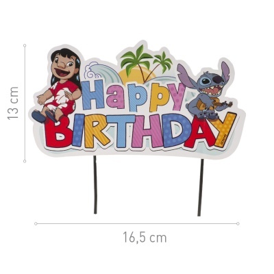 Placa decorativa colorida de aniversário com Lilo e Stitch e texto Happy Birthday