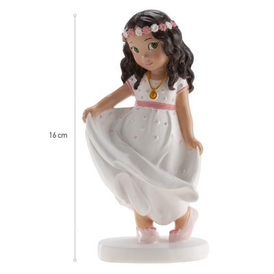 Figura decorativa de menina com vestido branco e coroa de flores cor-de-rosa