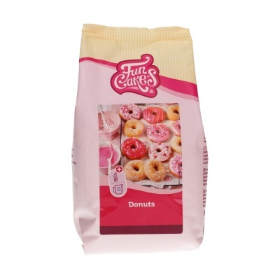 Pacote rosa e bege de mistura para donuts da FunCakes com imagem de donuts decorados
