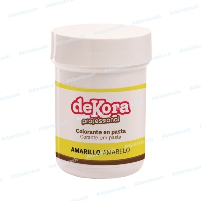 Frasco branco de colorante em pasta amarelo da marca dekora professional