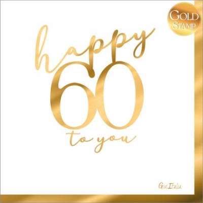 Cartão branco de aniversário com texto dourado 'happy 60 to you' e selo GOLD STAMP